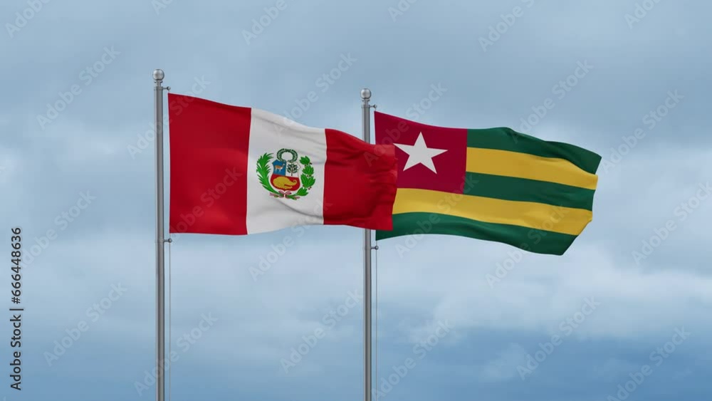 Togo, Togolese Republic and Peru flag waving together on cloudy sky, endless seamless loop, two country cooperation concept Togo, Togolese Republic and Peru flag waving together on cloudy sky, endless seamless loop, two country cooperation concept