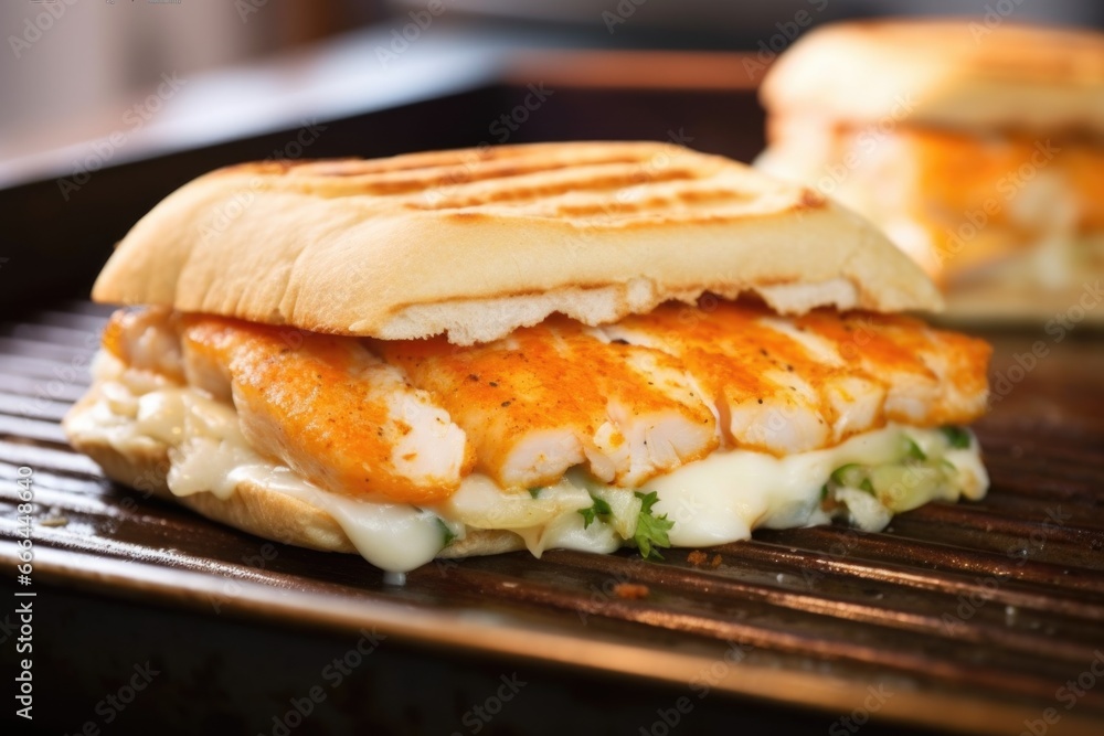 close-up of a fish burger flipped on a griddle close-up of a fish burger flipped on a griddle