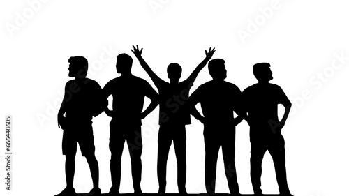 Vector illustration of five men silhouettes with hands up on the white background. Black people silhouettes. Friendship bond symbolization silhouette 