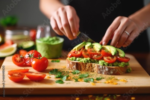 hand spreading avocado over bread slice to prepare bruschetta