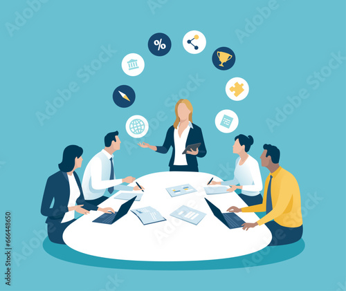 Female leader, the team and rotating business icons. Business strategy education. Meeting, presentation.  Vector illustration. 