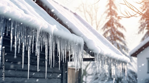 Icicles hanging from a roofline in a minimalistic style. AI generated