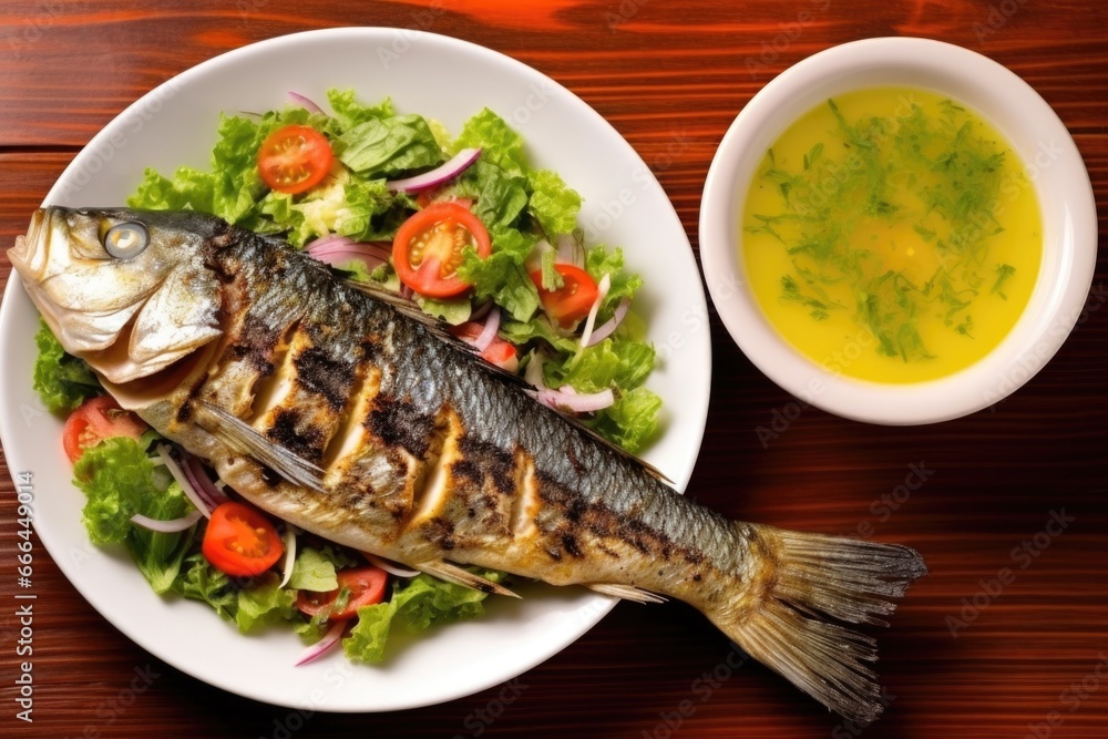 aerial shot of a grilled sea bass placed next to a bowl of salad aerial shot of a grilled sea bass placed next to a bowl of salad
