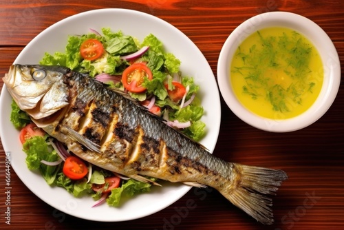 aerial shot of a grilled sea bass placed next to a bowl of salad
