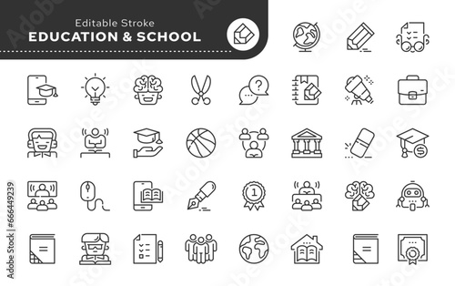 Education, school, university studies, knowledge, student and teacher. Line icon set. Web icons in linear style for mobile application and web site. Outline pictogram.