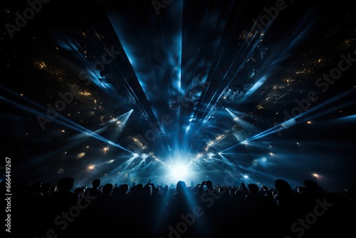 Rock concert, silhouettes of people in the bright rays of spotlights