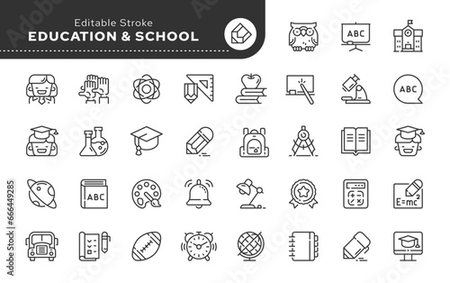 Education, school, university studies, knowledge, student and teacher. Line icon set. Web icons in linear style for mobile application and web site. Outline pictogram.
