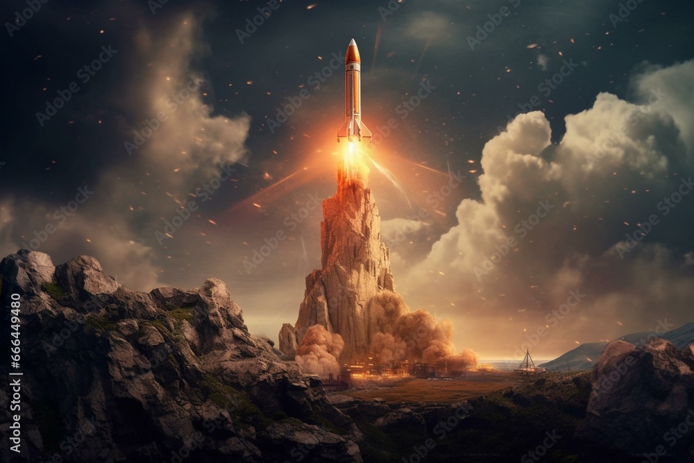 Powerful rocket liftoff against a mystical backdrop. Generative AI