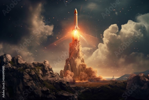 Powerful rocket liftoff against a mystical backdrop. Generative AI photo