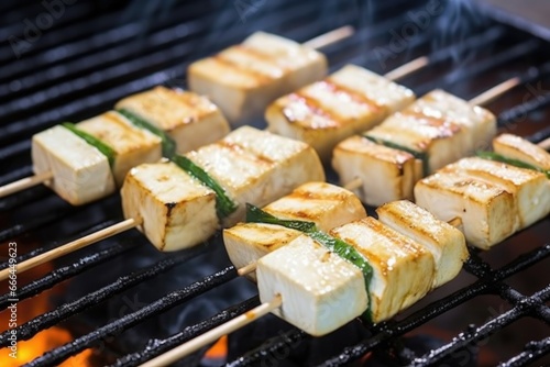 grilled tofu steaks on bamboo skewers, placed on a grill