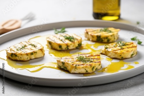 grilled tofu steaks with a mustard glaze on a marble countertop