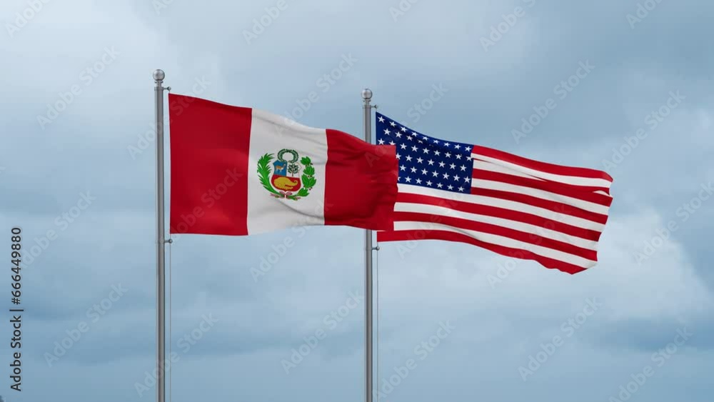 USA and Peru flag waving together on cloudy sky, endless seamless loop, two country cooperation concept USA and Peru flag waving together on cloudy sky, endless seamless loop, two country cooperation concept