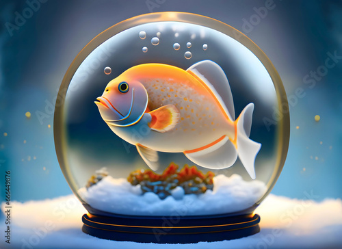 A fantasy goldfish swims in a snow glass globe  illustration