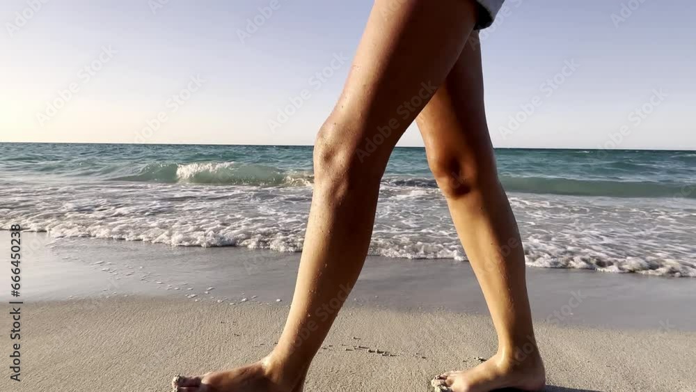 Women's feet of tourists walking barefoot along the shore at sunset. Legs of a young woman walking along the ocean beach during sunrise. The girl steps on the wet sand of the coastline. Slow motion Women's feet of tourists walking barefoot along the shore at sunset. Legs of a young woman walking along the ocean beach during sunrise. The girl steps on the wet sand of the coastline. Slow motion