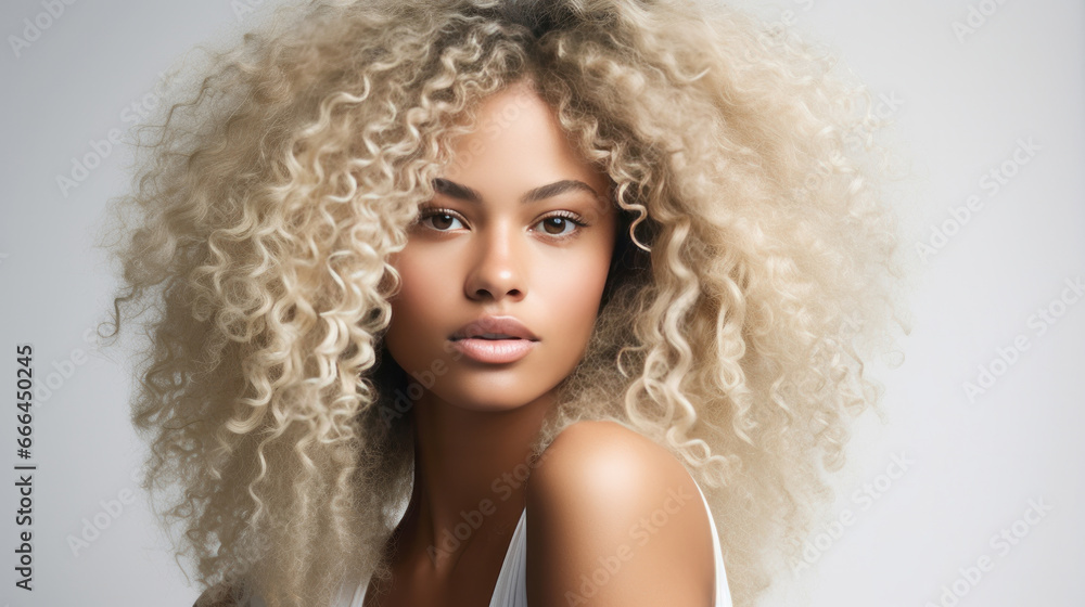 Portrait of young woman with blonde natural curly hair. Hair care, make-up and hair health Portrait of young woman with blonde natural curly hair. Hair care, make-up and hair health