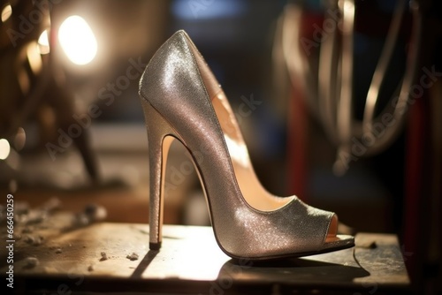 silver-colored high heels under workshop light, focus on the heel