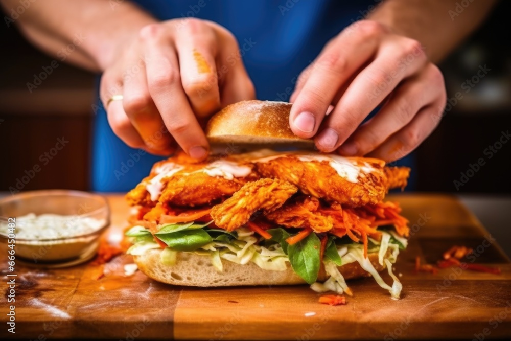 placing a crispy chicken wing on a sandwich placing a crispy chicken wing on a sandwich