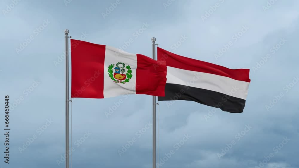 Yemen and Peru flag waving together on cloudy sky, endless seamless loop, two country cooperation concept Yemen and Peru flag waving together on cloudy sky, endless seamless loop, two country cooperation concept