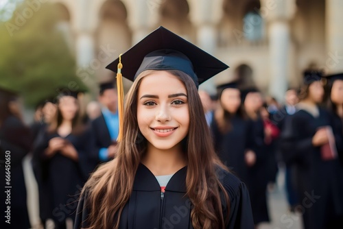 A young female graduate against the background of university graduates