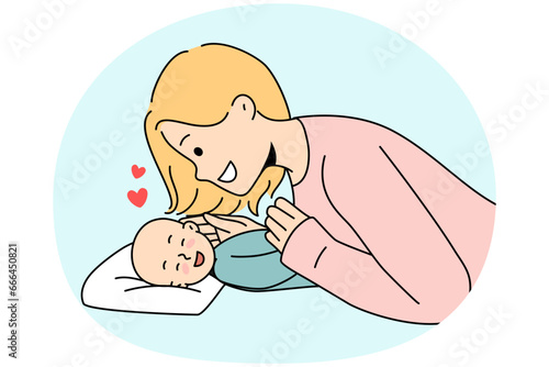 Smiling young mother play with cute newborn baby. Happy mom cuddle little child infant enjoy motherhood. Parenting concept. Vector illustration.