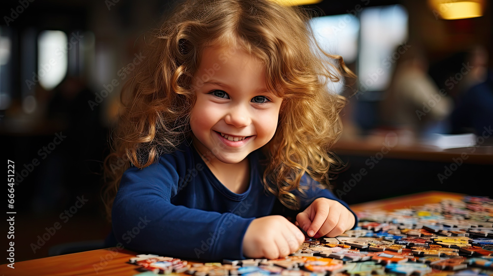 little child playing with a puzzle - obrazy, fototapety, plakaty 