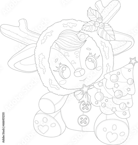 Cute cartoon deer in winter pj costume with Christmas pine tree sketch template. Graphic vector illustration in black and white for games, background, pattern, decor. Coloring paper, page, kids book