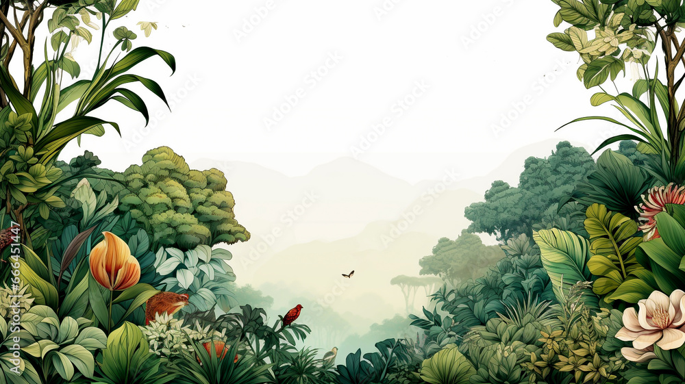 Fototapeta premium Drawings of forests, trees, flowers and animals in nature.