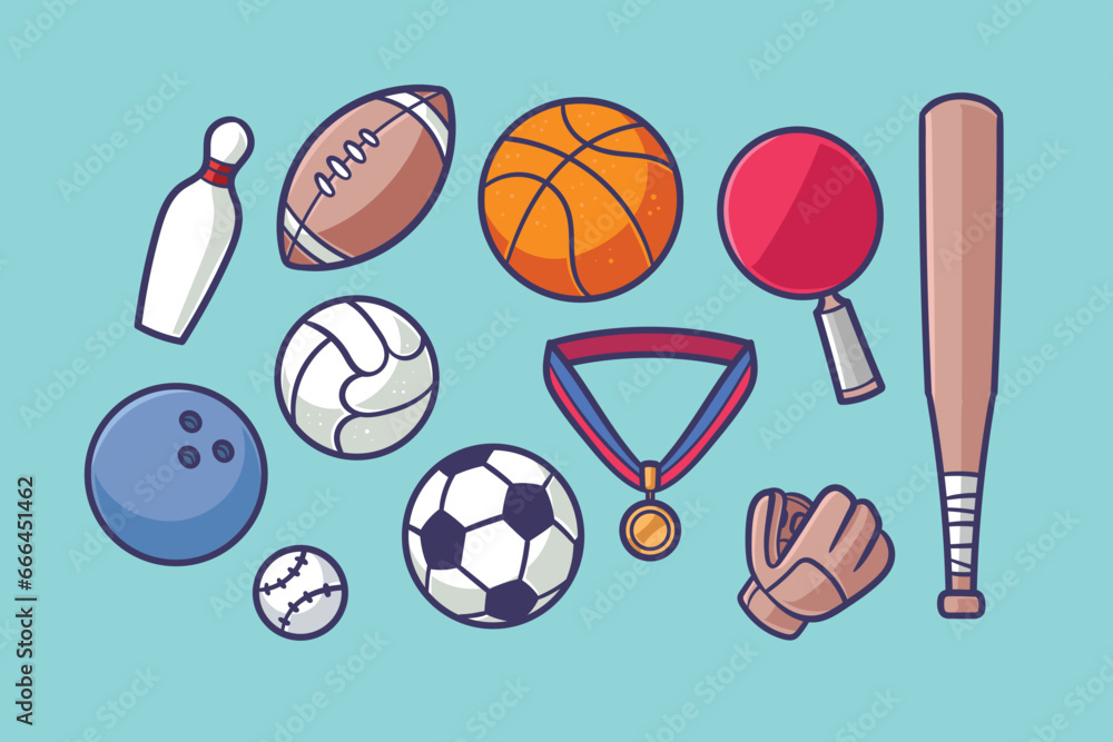 Sport equipment. Vector icons set of sport inventory with balls for volleyball, baseball, football game and tennis, golf ball, billiard, racket, bowling. Fitness gym tools. Team game