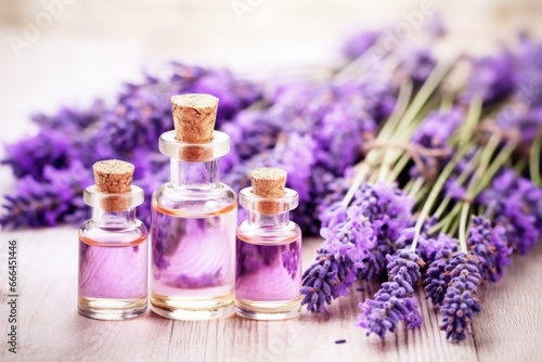 lavender flowers near empty perfume bottles