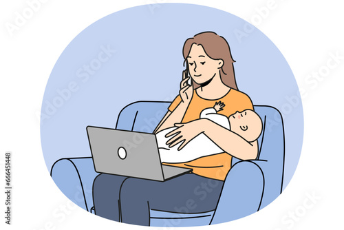 Young mother with newborn baby work on computer at home online. Busy mom with infant child multitask working remote talking on cell. Vector illustration.