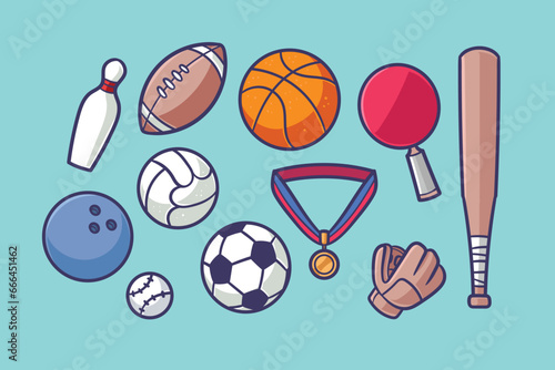 Sport equipment. Vector icons set of sport inventory with balls for volleyball  baseball  football game and tennis  golf ball  billiard  racket  bowling. Fitness gym tools. Team game