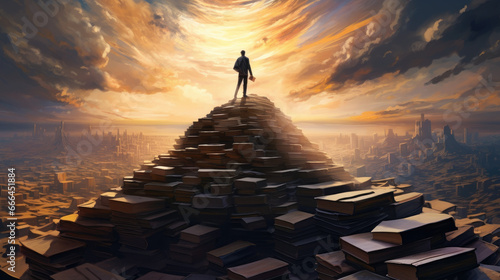 Man standing on top of books and looking at sunset. Vector illustration