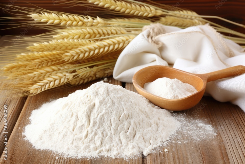 flour in a sack with wheat stalks beside it on a wooden table flour in a sack with wheat stalks beside it on a wooden table