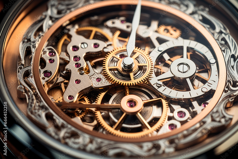 Closeup of clock mechanism gears, time and deadline concept. Vintage watch machinery detail.