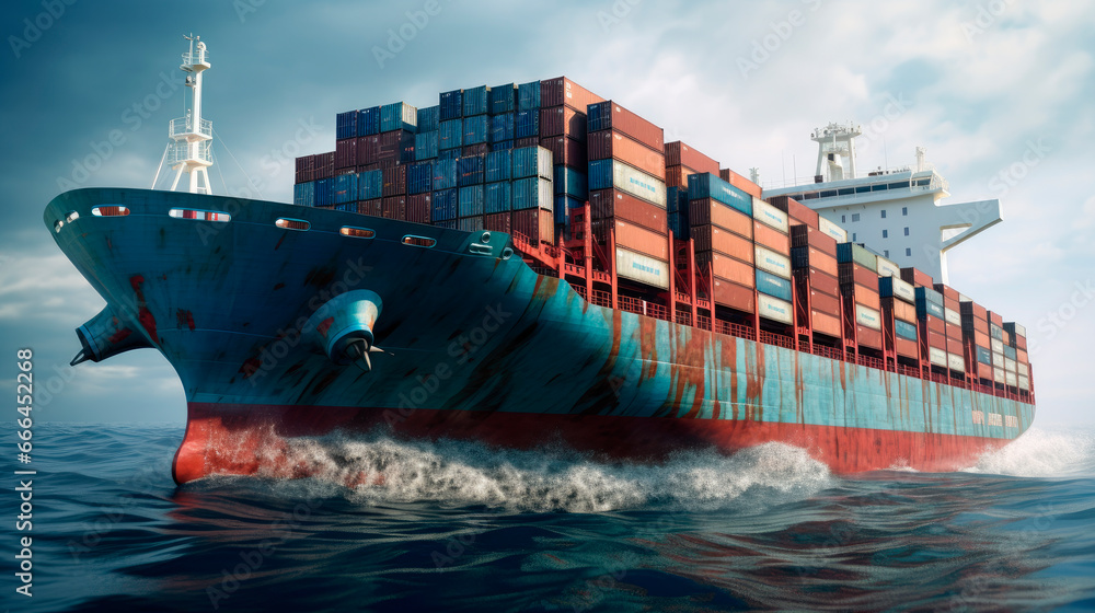 Fototapeta premium International container cargo ship in the ocean. Freight transportation, shipping.
