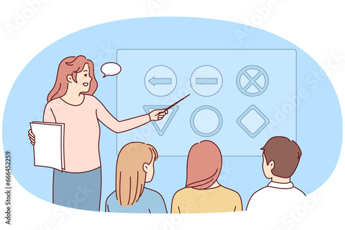 Female teacher make presentation in automotive courses. Woman tutor talk explain at lesson in driving school to pupils or students. Vector illustration.
