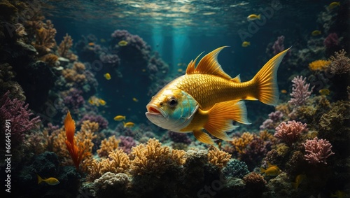"Golden Elegance: A Highly Detailed Digital Painting of a Glorious Fish in an Underwater Oasis"