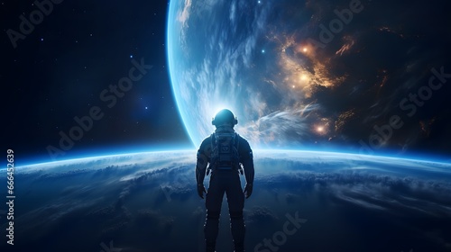 3D illustration of astronaut looking.at Earth. photo