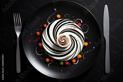 Close up of food on black surface with swirl design on plate and fork. Generative AI