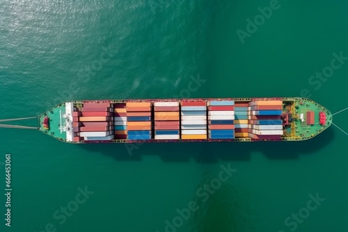 Bird's-eye view of cargo ship operations at shipping port, deep seaport handling international orders. Generative AI