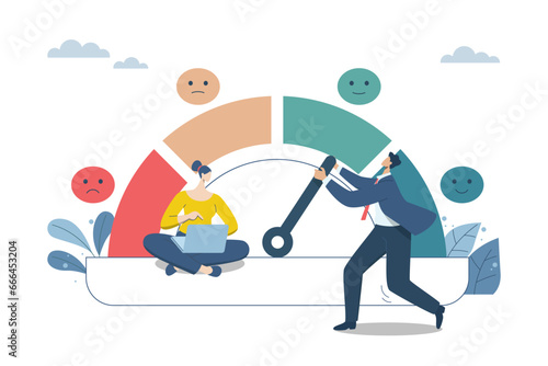 Measuring customer satisfaction scores with emotion icons, Performance ratings or user recommendations, Business men and women are pushing forward improving to make rating to be excellent.