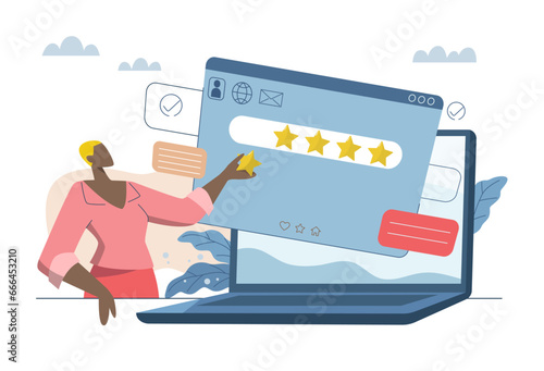 Evaluating in the best credit ratings and customer satisfaction, Performance ratings or user recommendations, Business woman checking customer feedback report in laptop. Vector design illustration.