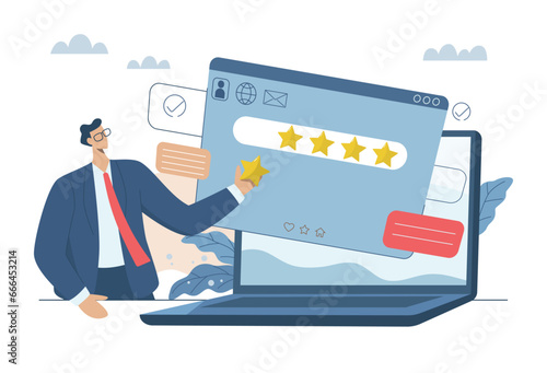 Evaluating in the best credit ratings and customer satisfaction, Performance ratings or user recommendations, Businessman checking customer feedback report in laptop. Vector design illustration.