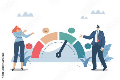  Measuring customer satisfaction scores with emotion icons, Performance ratings or user recommendations, Business man and woman checking customer feedback report. Vector design illustration.