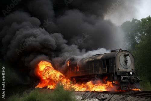 Train engulfed in flames. Generative AI