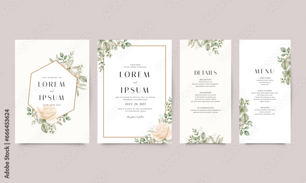 Set of elegant wedding invitation templates with beautiful watercolor florals
