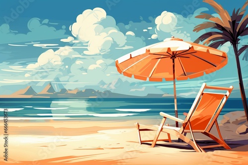 Illustration of a serene beach featuring a lounger, umbrella, palm trees, and a beautiful sea. Perfect for a summer vacation and relaxation. Generative AI