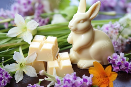 spring flowers surrounding a white chocolate bunny