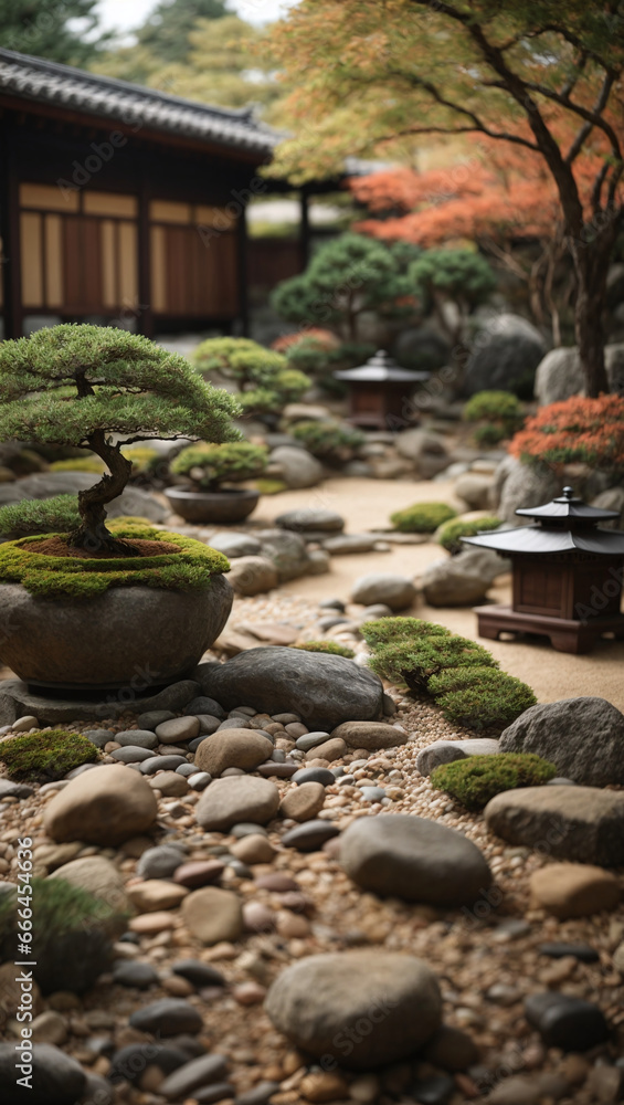Zen garden with carefully raked gravel, bonsai trees, and a peaceful ambiance.