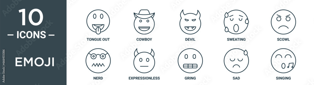 Vetor de emoji outline icon set includes thin line tongue out, cowboy ...